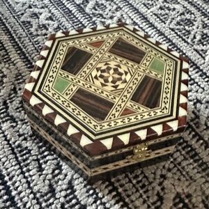 Hexagonal Inlaid Wooden Box with Coasters
